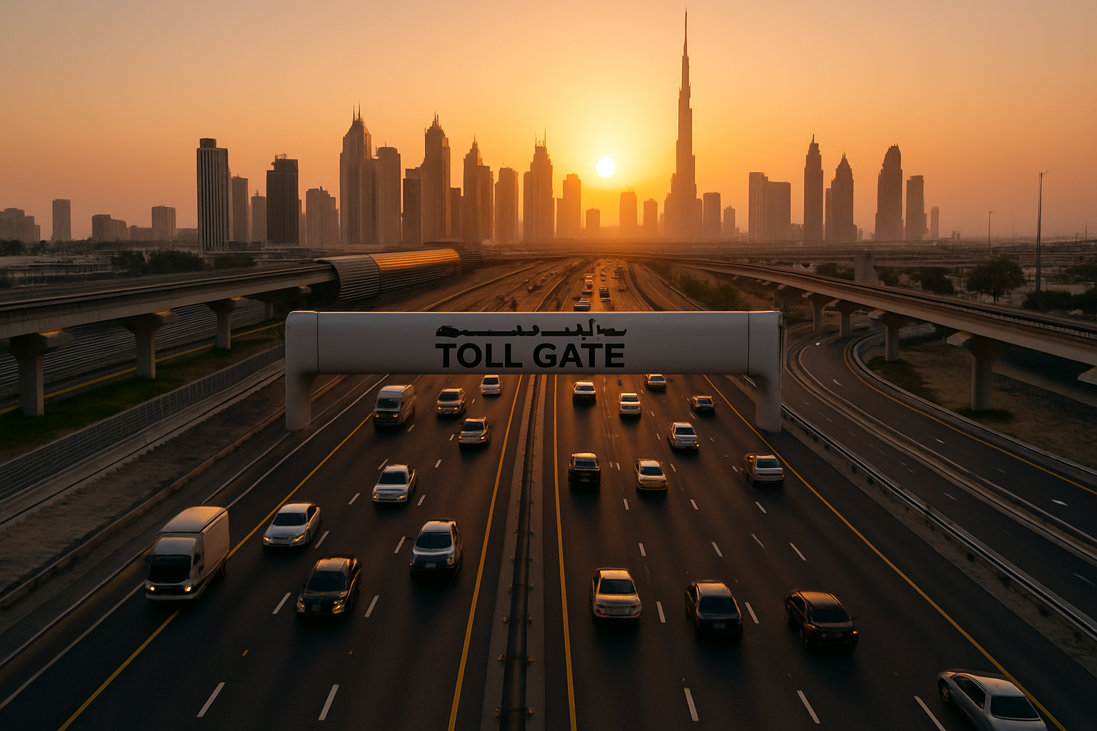 Aerial view of busy Dubai toll road at sunset