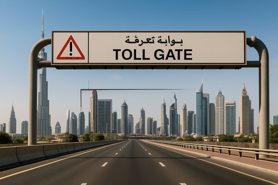 Dubai toll road with city skyline Dubai toll road with city skyline