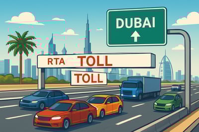 Illustration of Dubai toll road system with fast-moving vehicles Illustration of Dubai toll road system with fast-moving vehicles